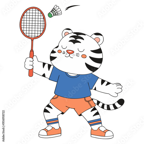A playful white tiger character wearing a blue tee and orange shorts, showing off its skills during a fun badminton match.