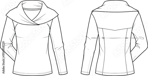 Women long sleeve blouse fashion technical drawing with draped shawl collar and fitted silhouette front and back view apparel template