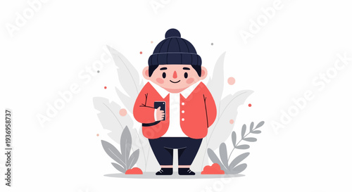 A cheerful, stylized person in a beanie, red jacket, and dark pants, holding a phone amidst minimalist foliage