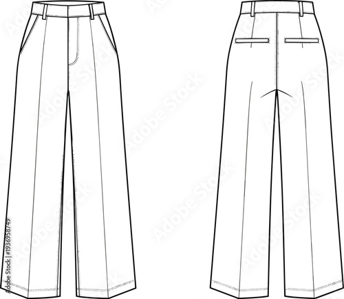 Women high waist wide leg trousers fashion technical drawing with belt loops slanted pockets front and back view apparel template