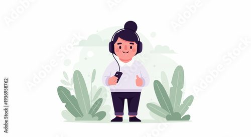 Cute cartoon child enjoying music with headphones and holding a phone amidst foliage and clouds