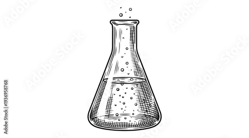 Erlenmeyer flask bubbles vector engraving style on white isolated background for chemistry education poster design