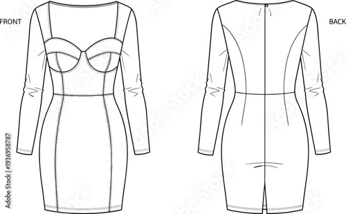 Women long sleeve corset bodycon dress fashion technical drawing with sweetheart bust seam panels front and back view apparel design