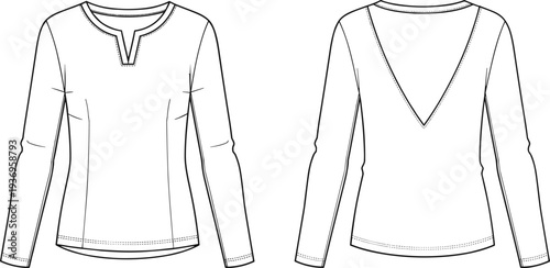 Women long sleeve blouse fashion technical drawing with split neckline front and deep V back design apparel template