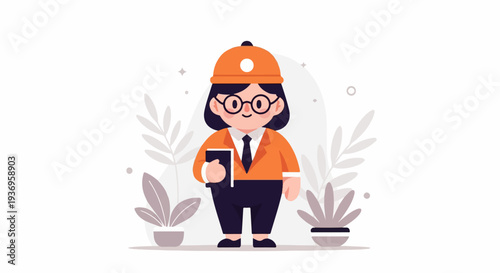 A stylized illustration of a person in professional attire, holding a book, surrounded by plants