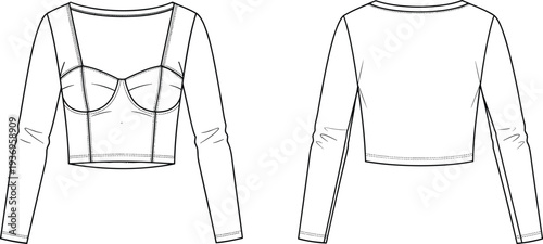 Women long sleeve corset crop top fashion technical drawing with bust cup seams and fitted bodice front and back view