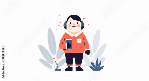 Cheerful person in headphones listening to audio while holding a device, surrounded by plants