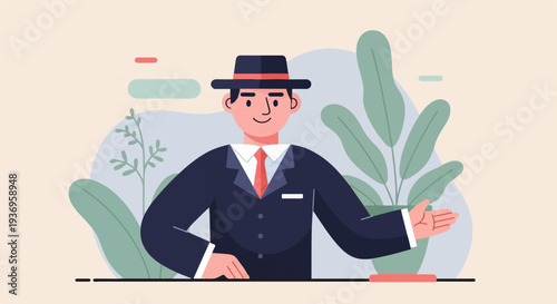A friendly man in a suit and hat gestures welcomingly amidst lush greenery