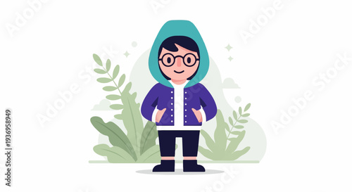 A cartoon child with glasses and a hooded jacket stands in a leafy green environment