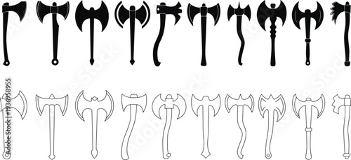 Medieval battle axe silhouettes collection with fantasy Viking axes and double blade weapons vector set isolated on dark background