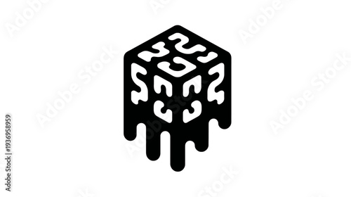 A black, abstract cube shape with cutouts and dripping effect on a white background