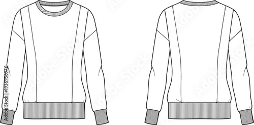 Women long sleeve crew neck sweatshirt fashion technical drawing with ribbed cuffs and hem front and back view apparel template