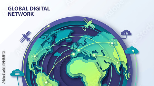 Innovative global digital network illustrating advanced worldwide connectivity, enabling seamless communication and data exchange through satellite and cloud technology