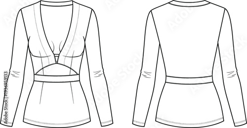 Women long sleeve cut out waist blouse fashion technical drawing with deep V neckline and fitted silhouette front and back view