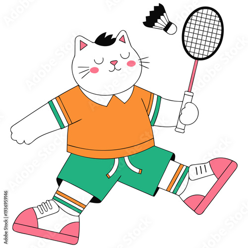 A charming white cat character dressed in an orange polo and teal shorts, gracefully leaping to return a shuttlecock during a match.