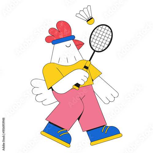 A cool white rooster character wearing a blue headband and yellow tee, confidently stepping onto the court for a badminton match.