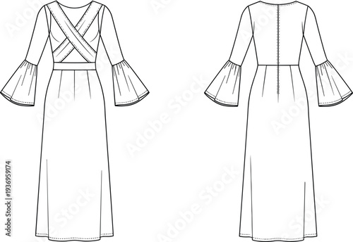 Women long sleeve maxi dress fashion technical drawing with crisscross bodice detail and bell sleeves front and back view