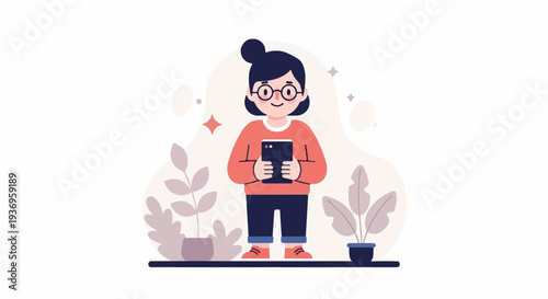 Cheerful individual with glasses holding a tablet amidst plants