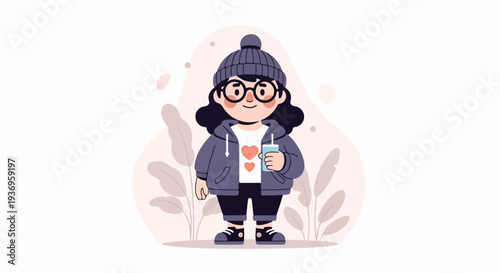 A cheerful, cartoonish character in winter attire, holding a beverage, surrounded by pastel, organic shapes and foliage