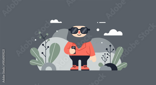 A stylized character with sunglasses and a beard, holding a phone, in a muted landscape