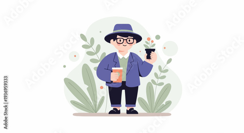 A smiling person in a hat and glasses holds a coffee cup and a small plant pot