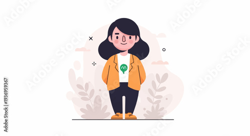 A stylized illustration of a person in casual attire, with a vibrant orange jacket