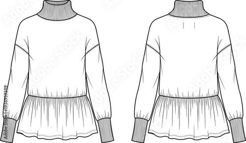 Women long sleeve turtleneck peplum top fashion technical drawing with ribbed collar cuffs and gathered waist front and back view
