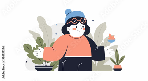 Stylized illustration of a person wearing a hat and glasses, tending to potted plants