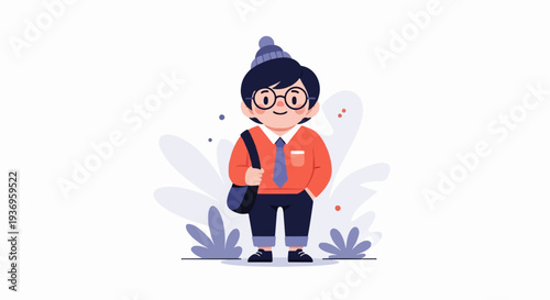 Cheerful boy in warm attire with a bag, standing among stylized plants
