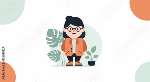 A cartoon woman with glasses and an orange jacket stands amidst leafy plants and abstract shapes