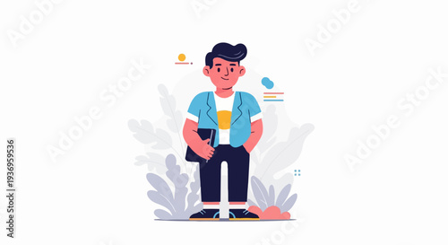 A stylized male character with dark hair, holding a black tablet, stands amidst abstract foliage