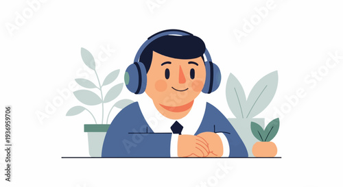 Cheerful person with headphones, smiling, behind a desk with plants