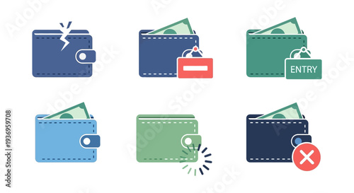 Digital Wallet and Financial Status Icons Set. E-Payment, Transaction Success/Failure, Access Control, Debt, and Processing Symbols for App and Web UI.