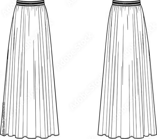 Women pleated maxi skirt fashion technical drawing with elastic waistband front and back view apparel sewing template