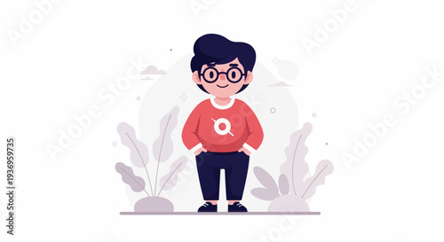 A cartoon boy with glasses and a red sweater smiles with his hands in his pockets among stylized plants