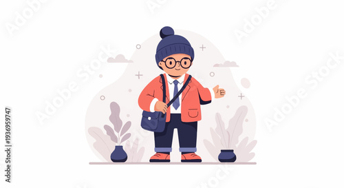 Cartoon boy with bag, hat, glasses, and coat, giving thumbs up