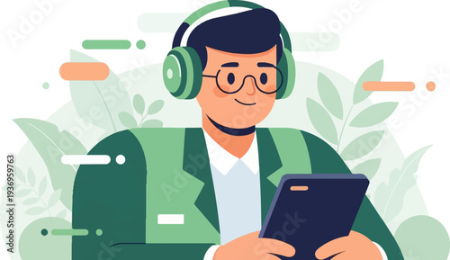 Person with headphones and phone, surrounded by plants