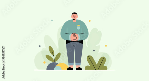 A minimalist illustration of a person standing amongst abstract foliage