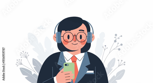 Cheerful person in suit, glasses, and headphones, holding a smartphone amidst stylized plants