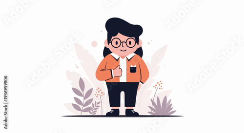Person with glasses and thumbs up, wearing orange jacket, against stylized foliage