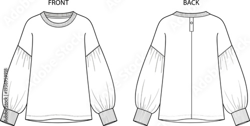 Women puff sleeve sweatshirt fashion technical drawing with ribbed collar cuffs and back button closure front and back view
