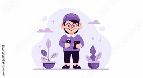 Cheerful person holding devices, surrounded by plants and whimsical shapes