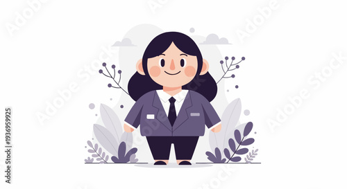 Stylized cartoon of a person in business attire with decorative foliage
