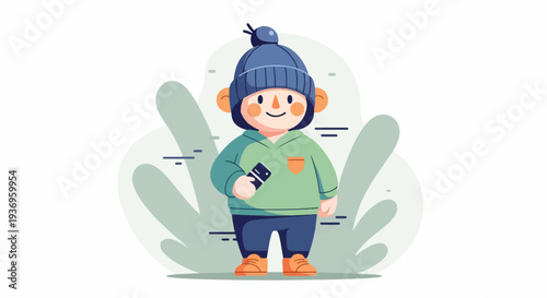 Cheerful character in winter attire holds a smartphone, with abstract green shapes behind