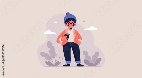 Person in beanie and jacket holds coffee cup amidst stylized plants and clouds