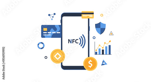 Secure NFC Mobile Payment Technology. Contactless transaction processing, smartphone banking, and digital finance illustration.