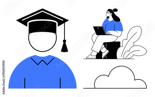 Online education. Graduate cap signaling learning achievements alongside a student studying on a laptop. Online education enhances knowledge, remote access, and lifelong learning. For education