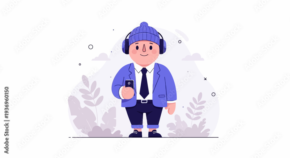 Fototapeta premium Cartoon character in a beanie and headphones holding a phone, standing in a minimalist landscape