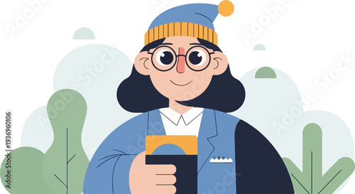 Friendly person in winter hat and glasses holds a book, with abstract nature in background
