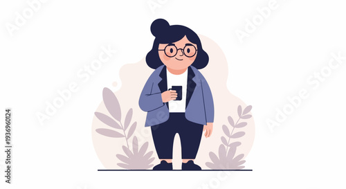 Cartoonish representation of a woman in a suit and glasses holding a mug, with abstract floral elements